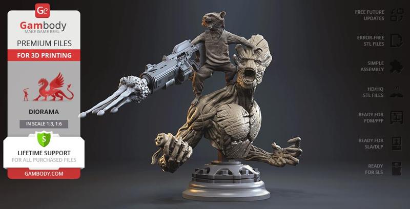 Rocket & Groot Bust in Diorama STL files for 3D Printing | Assembly Model