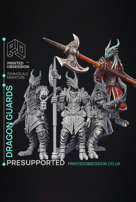 Dragonborn Guards – 3 Models – PRESUPPORTED – Illustrated and Stats – 32mm scale
