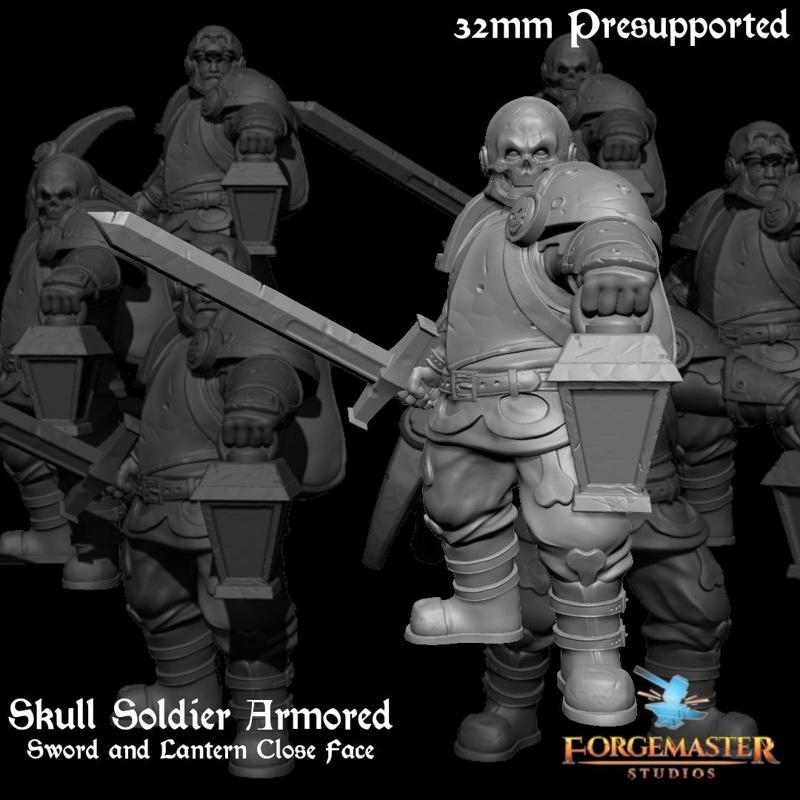 Human Death Knight – Skull Soldier Armored Sword and Lantern Close Face