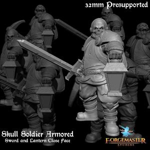 Human Death Knight – Skull Soldier Armored Sword and Lantern Close Face