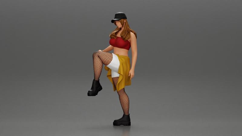 sexy girl standing in pantyhose mesh cap and shirt tied around her hips
