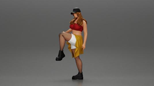 sexy girl standing in pantyhose mesh cap and shirt tied around her hips