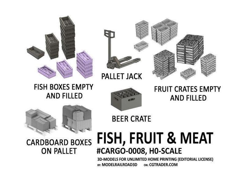 CARGO-0008 Fish Fruit and Meat boxes H0-scale 23 items