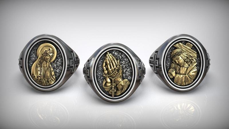Praying Hands Holy Mary and Jesus Christ Cross Silver Rings 3D Model Collection