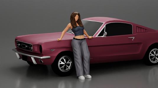 lowrider chola girl is leaning against the car, wearing a  mini shirt with long hair
