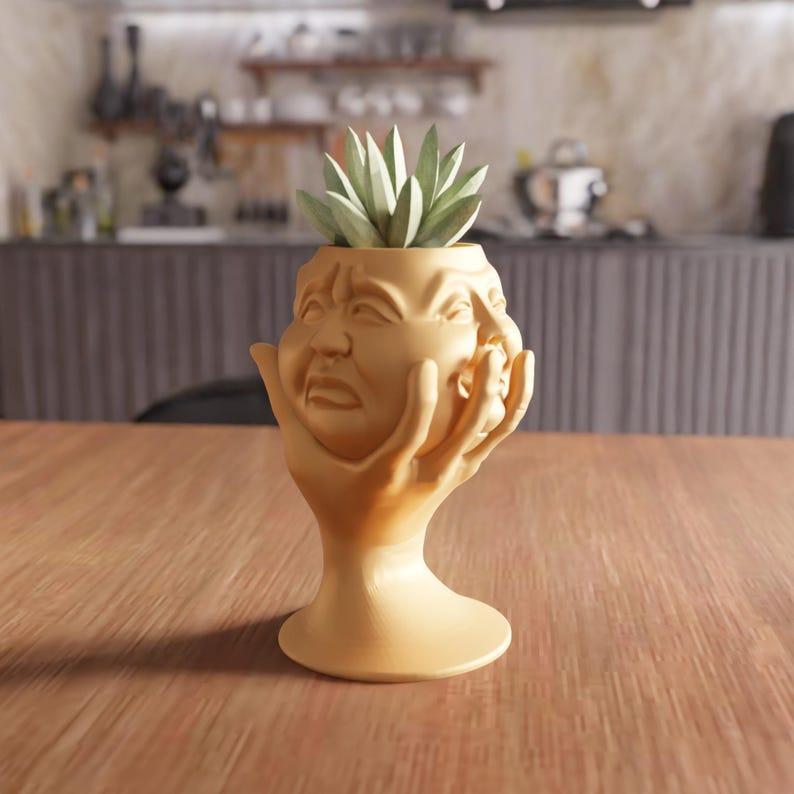 3D Multi Face Hand Vase STL File – Futuristic Home Decor, Face Sculpture, Unique Desk Vase, Flower Planter, Gift for Him, Digital File