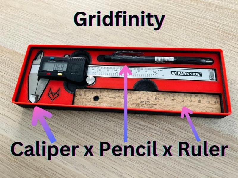 Gridfinity Caliper Holder Parkside +Ruler +Pencil