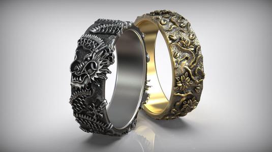 Chinese Dragon Tattoo Style Pattern Wedding Band