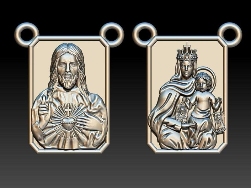 Scapular pendant Christ and Mary  Escapulario 3D print model