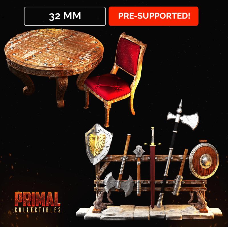 Table + chair and Weapons rack – MASTERS OF DUNGEONS QUEST