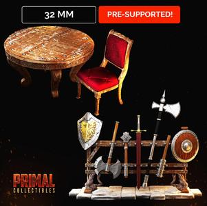 Table + chair and Weapons rack – MASTERS OF DUNGEONS QUEST