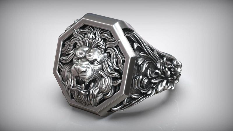 Lion Head Royal Baroque Pattern Signet Ring