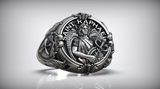 Saint Raphael Archangel Shield Caduceus Spear Christian Ring