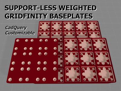 Support-less Weighted Gridfinity Baseplates (CadQuery Customizable)