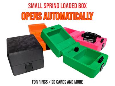 Spring-loaded box container for rings, SD cards, etc.