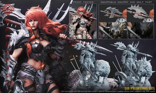 Barbarian statue of woman and wolf