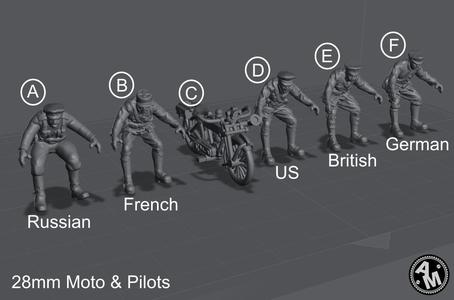 WW1- 28mm Moto and Pilots 6 STL- Files Pre-supported – Files Test Printed.