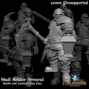 Human Death Knight – Skull Soldier Armored Scythe and Lantern Close Face