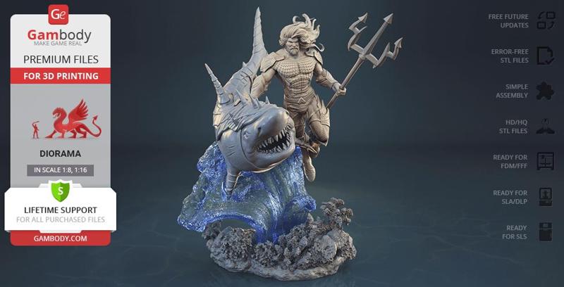 Aquaman & Shark in Diorama STL files for 3D Printing | Assembly Model