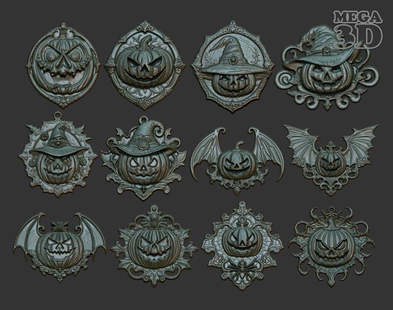 12 Halloween Pumpkin Bas Relief Pendant 231016 3D Model Collection