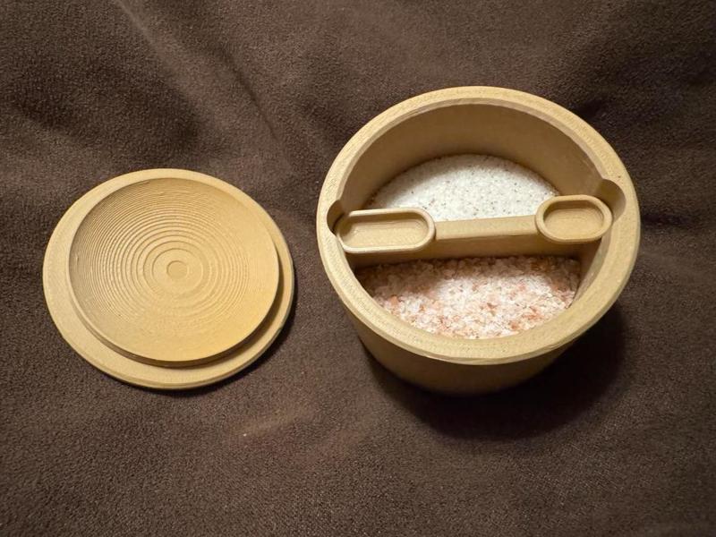 Salt Container with a spoon, lid, and storage base