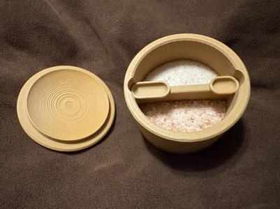 Salt Container with a spoon, lid, and storage base