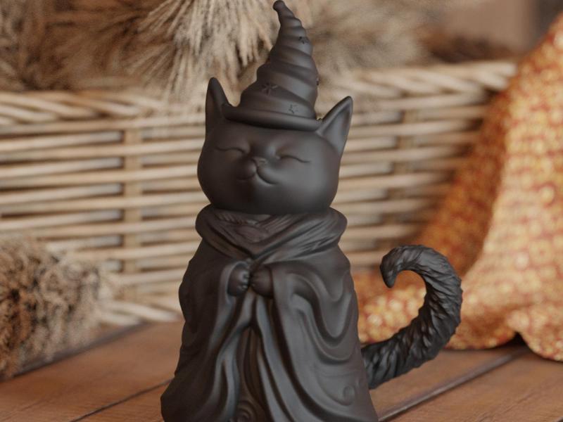 Black Cat Witch Figurine – Magical Cat Sculpture