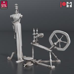 Fabric Seller Mannequin and Spinning Wheel