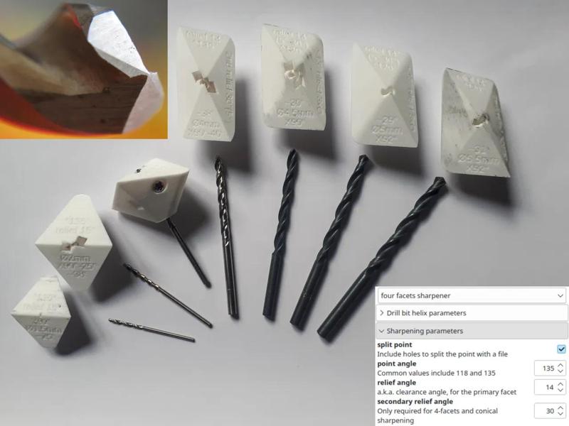 Advanced parametric drill bit sharpening jig (2/4 facets, conical, split point)