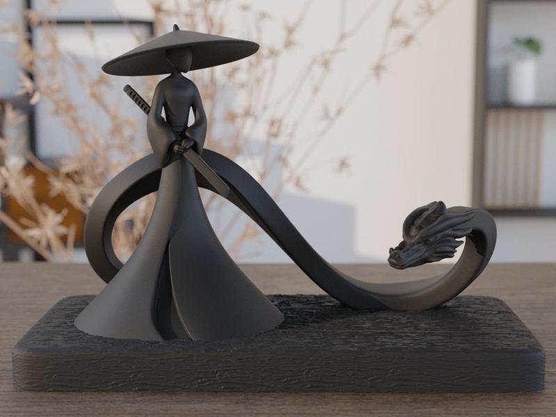 Shadow Samurai & Dragon – 3D-Printed Sculpture
