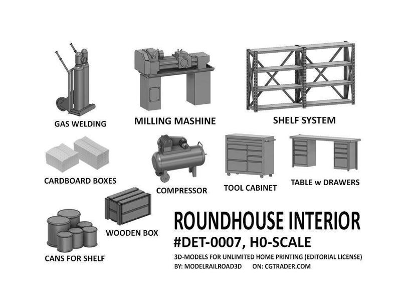 DET-0007 Roundhouse interior set of 17 items H0-scale