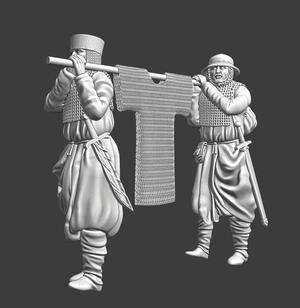 Medieval soldiers carrying chainmail for the lord