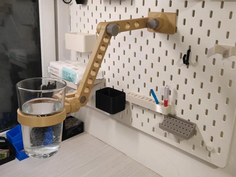 Round holes, IKEA SKADIS pegboard robotic arm, with mobile phone, GoPro sports camera mount, cup holder, iPad tablet mount