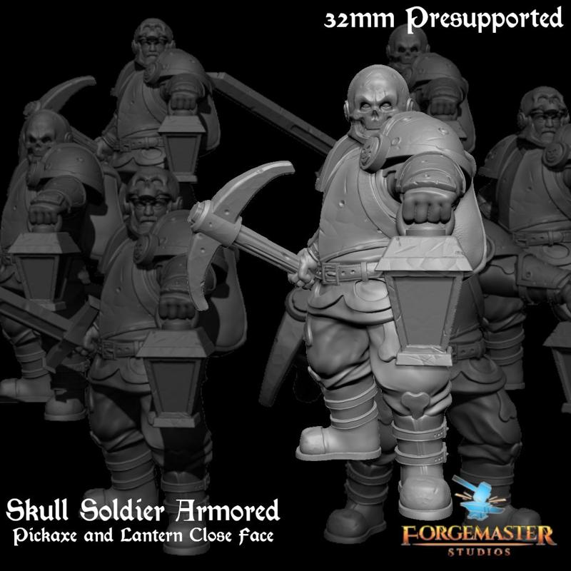 Human Death Knight – Skull Soldier Armored Pickaxe and Lantern Close Face