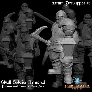 Human Death Knight – Skull Soldier Armored Pickaxe and Lantern Close Face