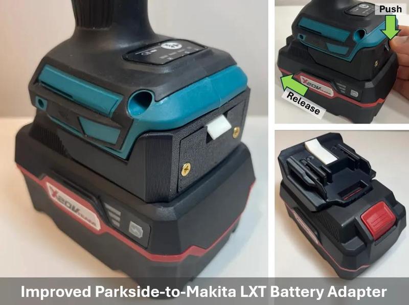 IMPROVED Parkside-to-Makita LXT Battery Adapter (Standard Connectors, 2 Sizes, Latch & Lid)