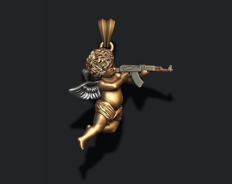 Baby angel with ak gun pendant 3d