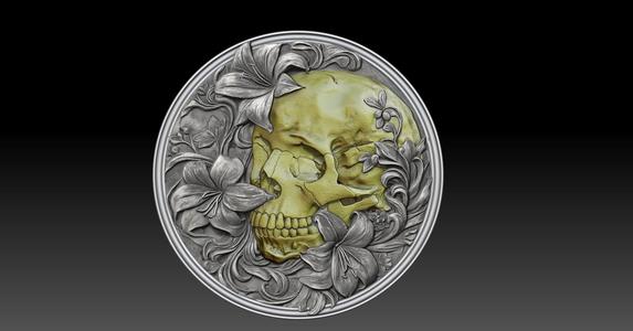 skull in flowers bass relief