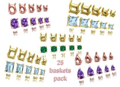 25 jewelry baskets findings pack 5 gem shape and size 3D Model Collection