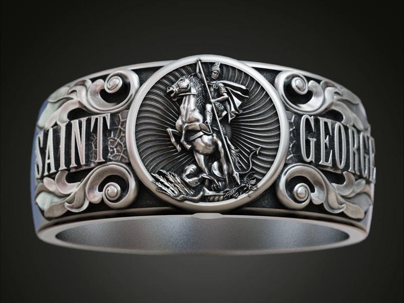 Saint George band ring baroque scrolls