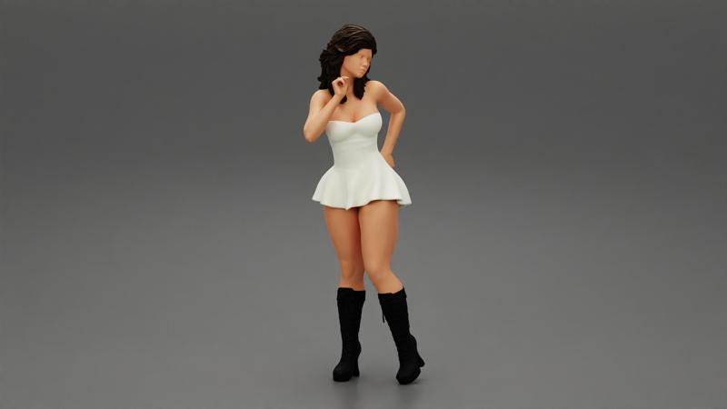 Youn girl wearing mini skirt dress and boots hand on hip