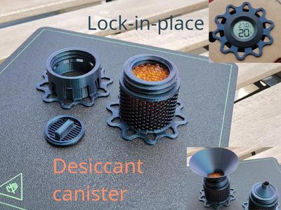 Lock-in-place in-spool desiccant (silica gel) container with optional hygrometer   