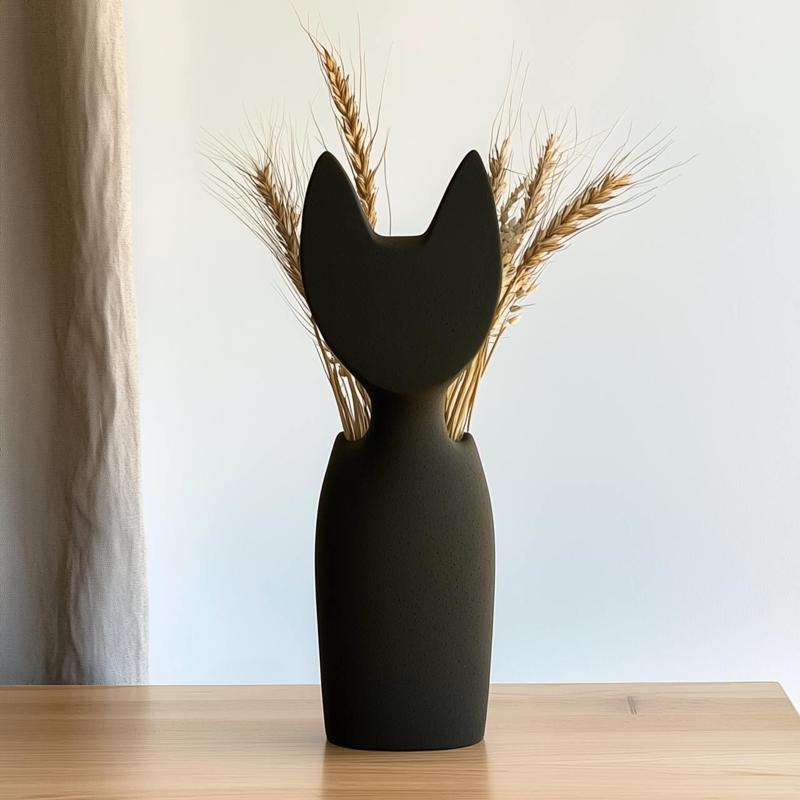 Minimalist Cat Vase – 3D Printed Matte Black Vase for Modern Home Decor