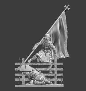 Medieval sergeant advancing with large banner - scene