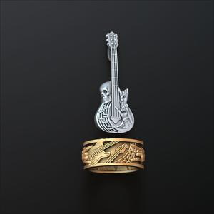Rock N Roll Guitar Ring Pendant Set