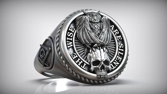 Owl Skull Mason Square Compass Signet