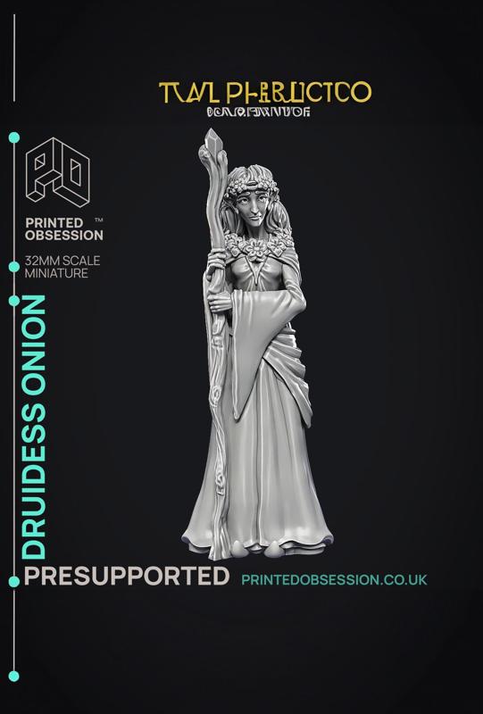 Druidess Onion – Fey Druid – PRESUPPORTED – Illustrated and Stats – 32mm scale