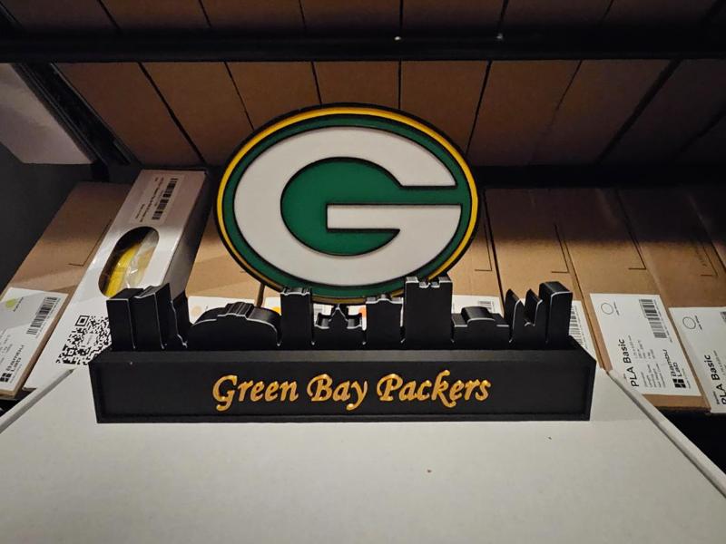 Green bay Packers with skyline of Green bay NFL