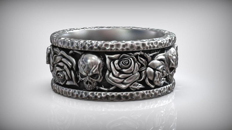 Forged Roses Skull Pattern Hammered Ring
