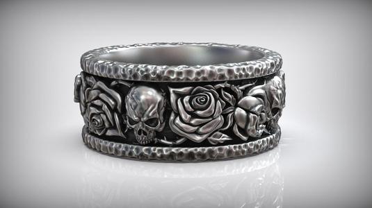 Forged Roses Skull Pattern Hammered Ring